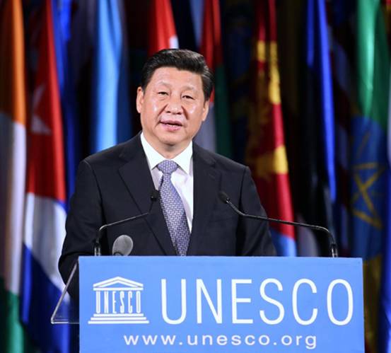  2014年3月27日，国家主席习近平在巴黎联合国教科文组织总部发表重要演讲。